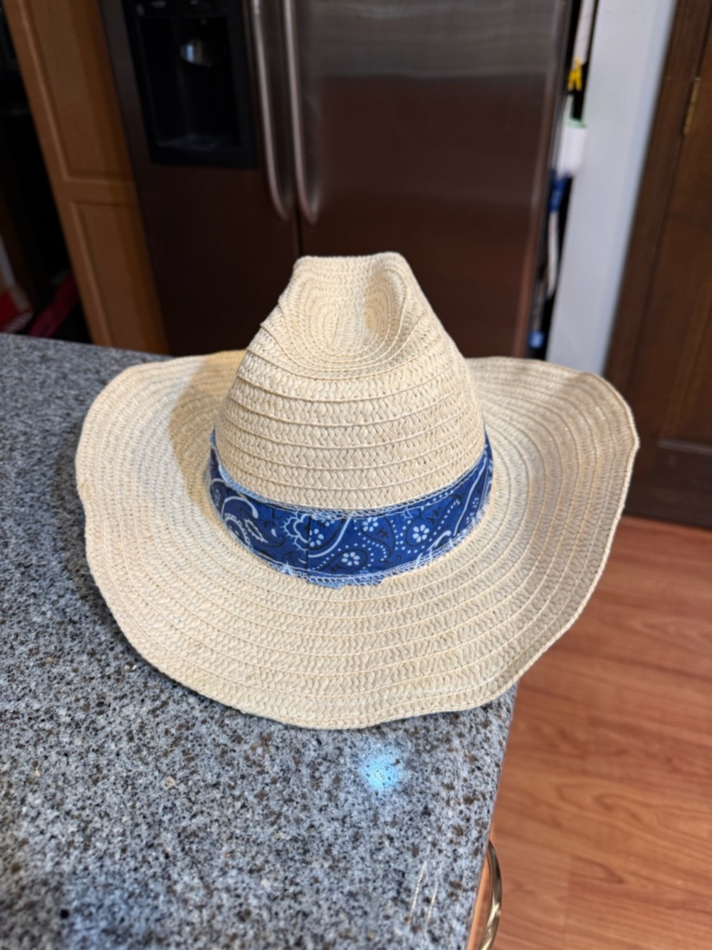 Straw Fedora Hat with Blue Bandana Trim